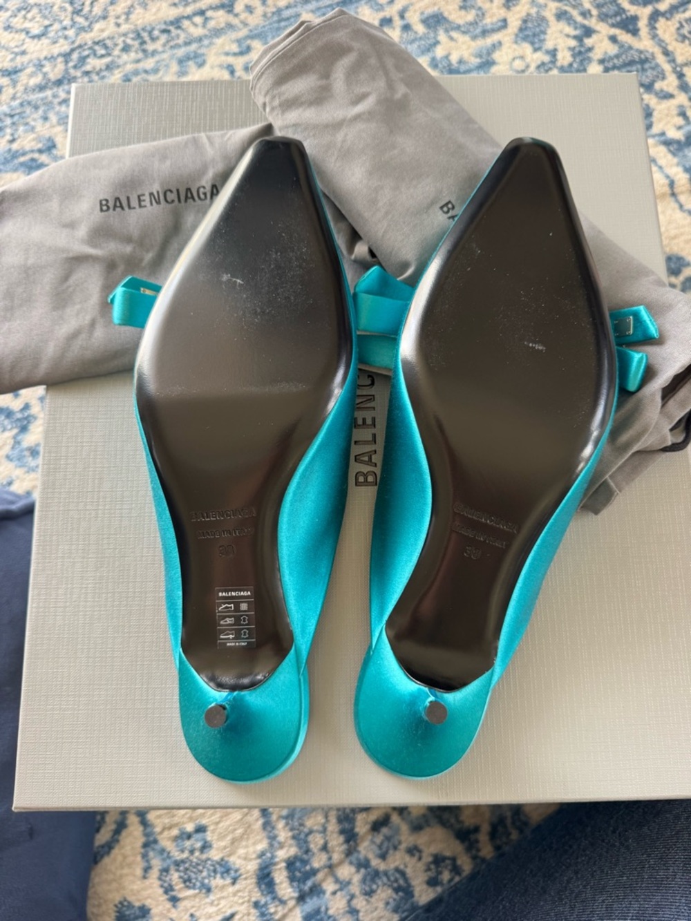 Balenciaga Teal Satin Pointed Toe Bow Flats - Picture 6 of 6